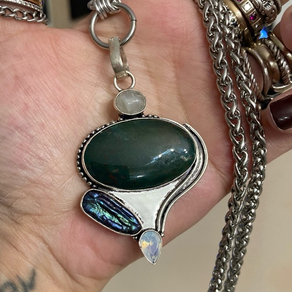 925 sterling silver overlay heliotrope moonstone opalite & pearl boho necklace - Picture 9 of 14